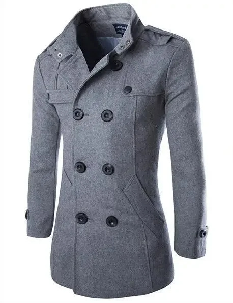 Men's Wool Coat - Elegant Double-Breasted with Epaulettes